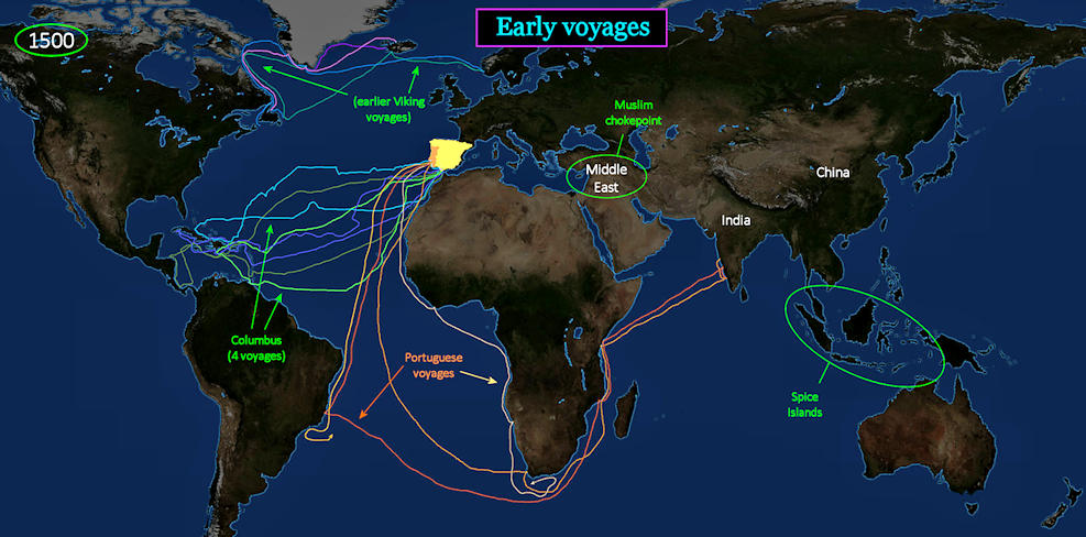 Oceanic voyages, 1500s map